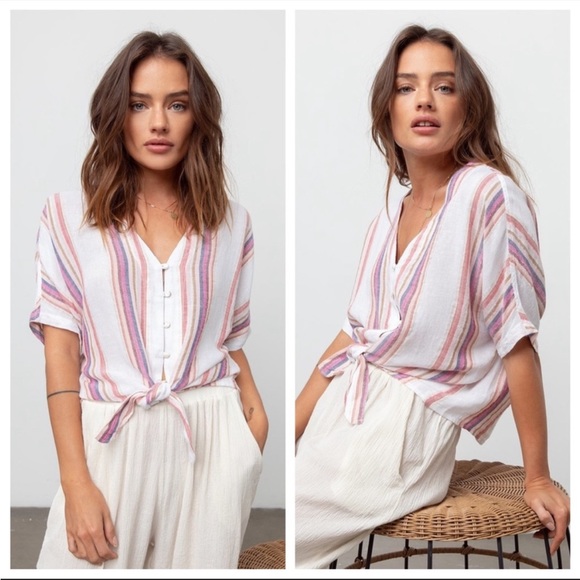 Rails Tops - Rails Thea Jewel Stripe Tie Front Linen Blend Top Size XS